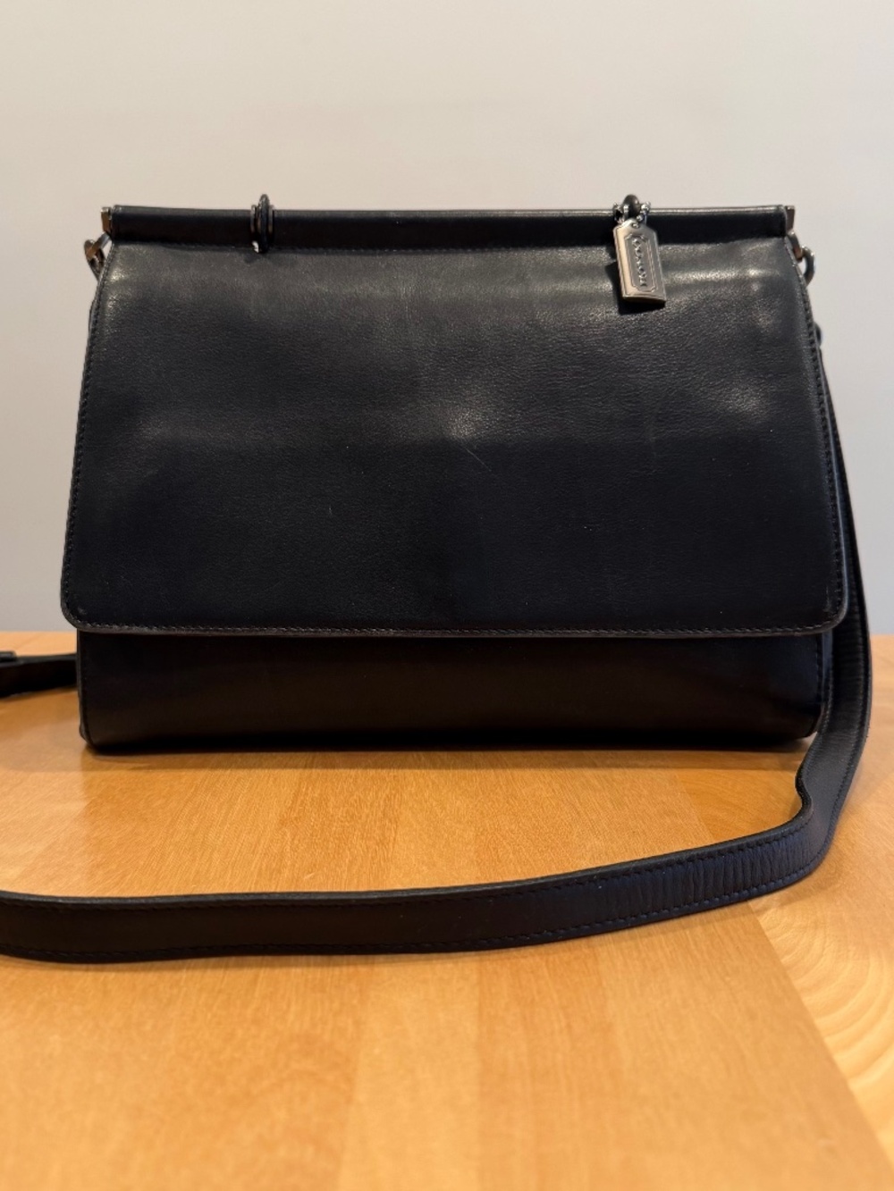 Vintage Coach Black Leather Shoulder Bag – Minimalist Flap Crossbody Purse
